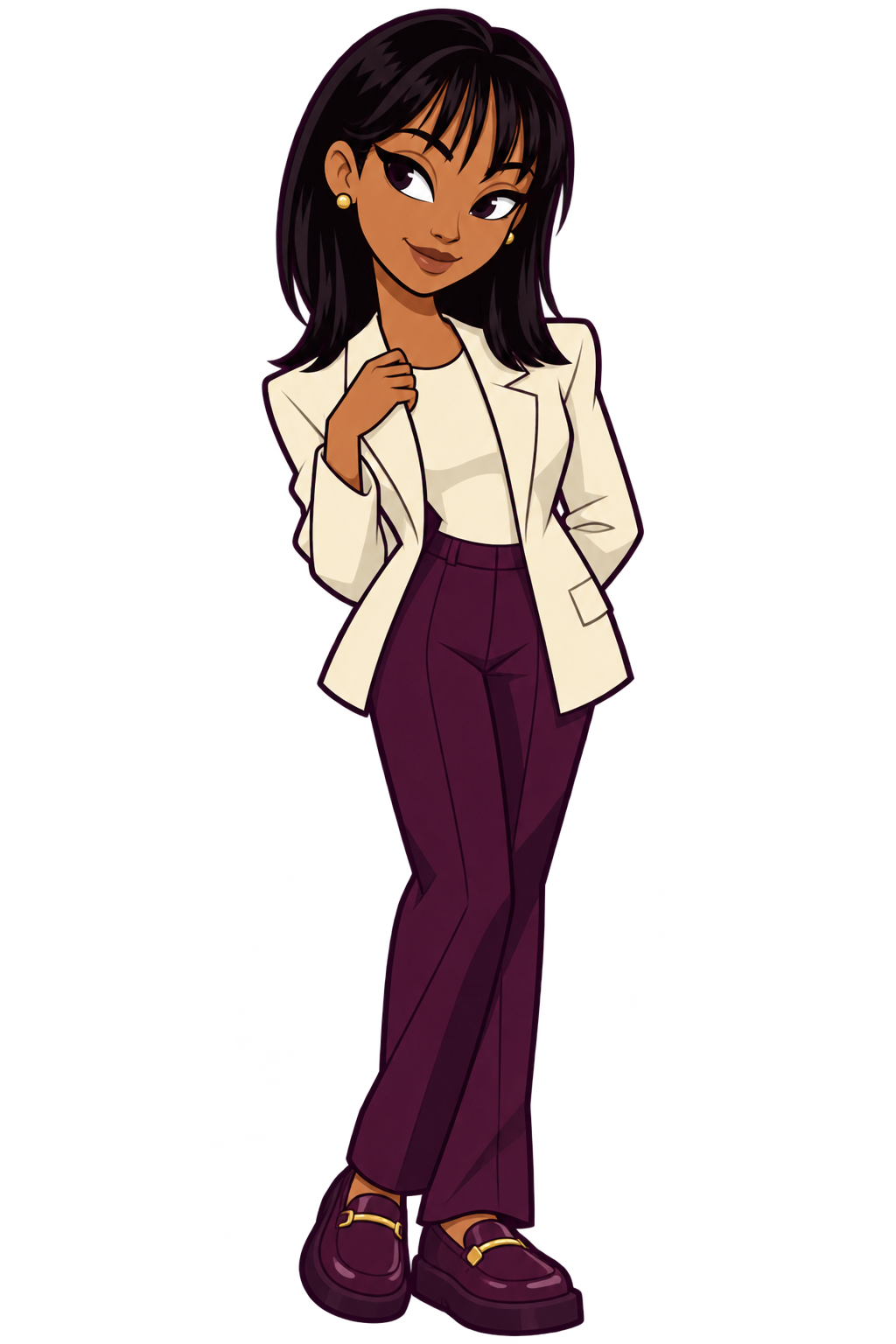 Cartoon avatar of Lesley with dark bangs, a cream blazer and plum trousers, standing with a playful head tilt.